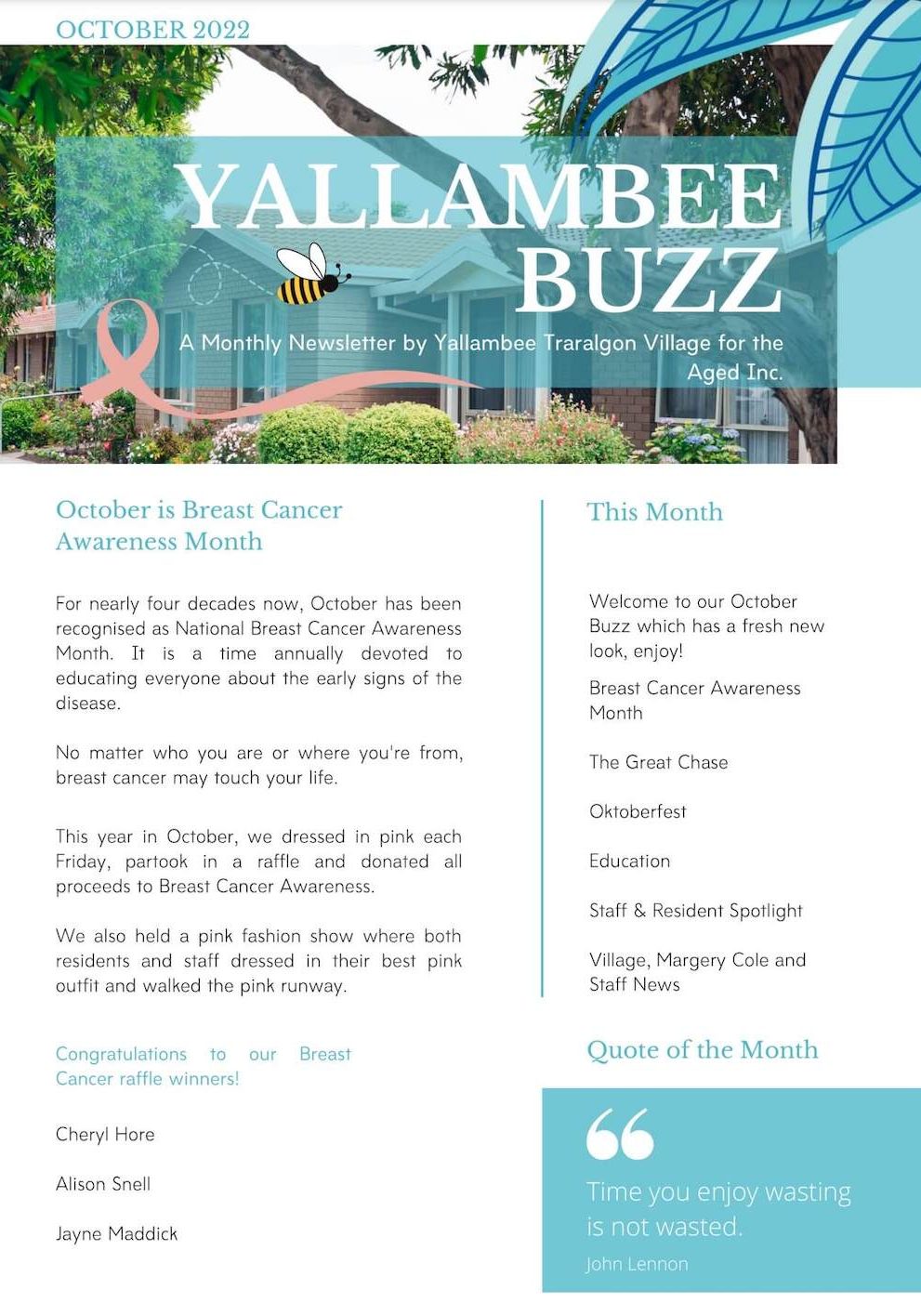 Screenshot of the cover of the October 2022 Yallambee Buzz newsletter.
